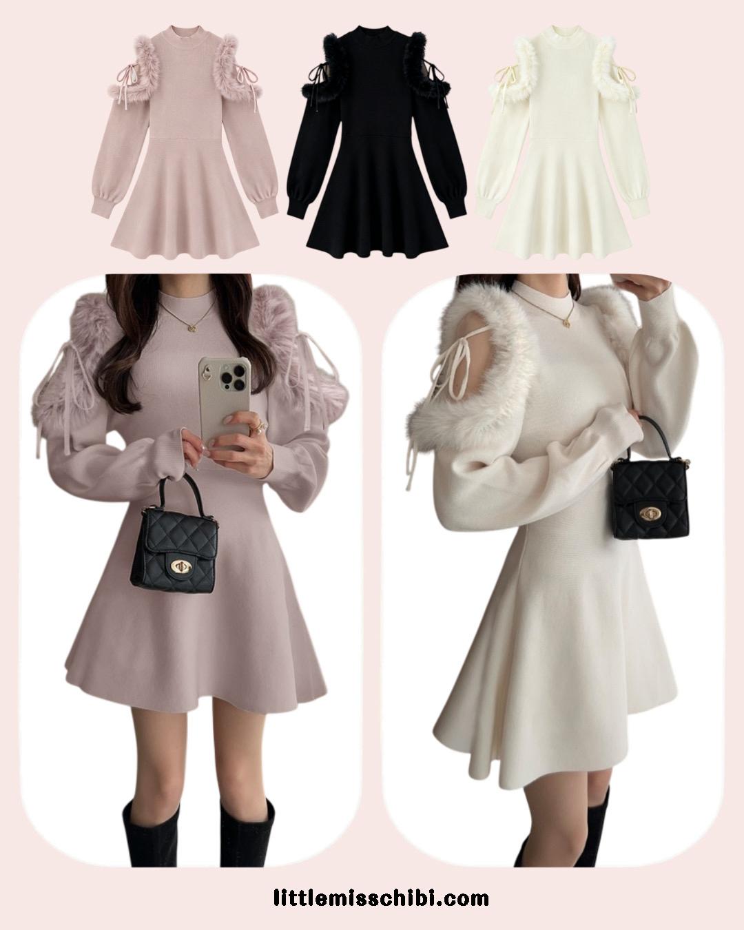 薄紗露肩針織裙