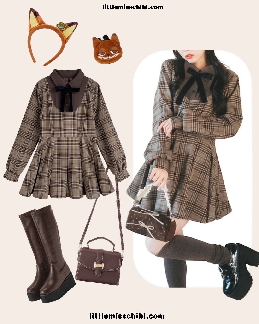 襯衫式假兩件格紋連身裙