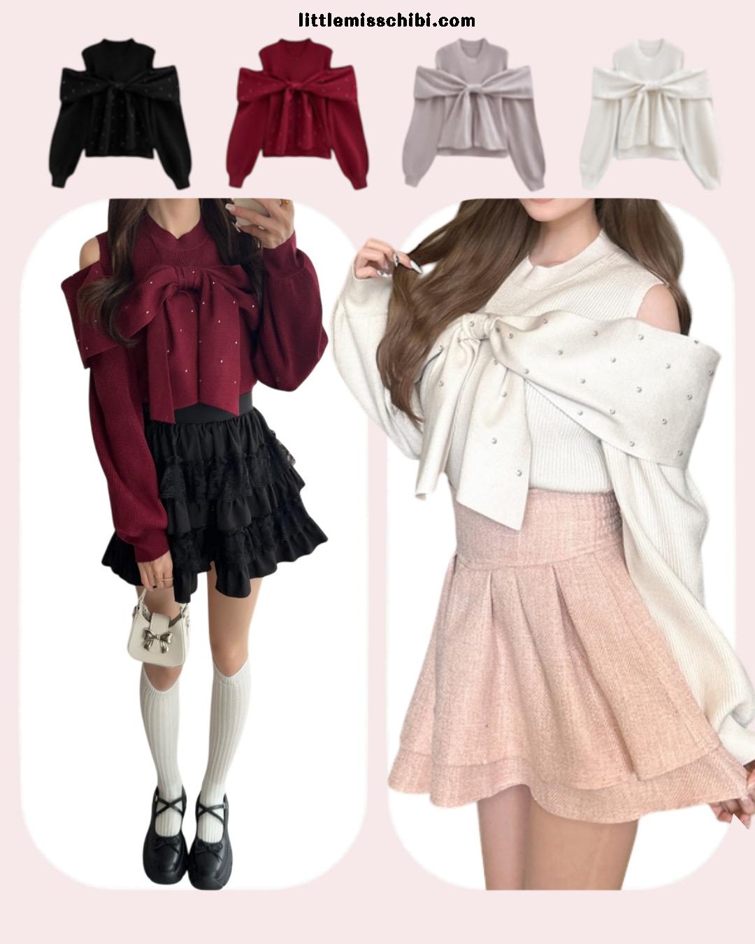 小珍珠蝴蝶結露肩上衣