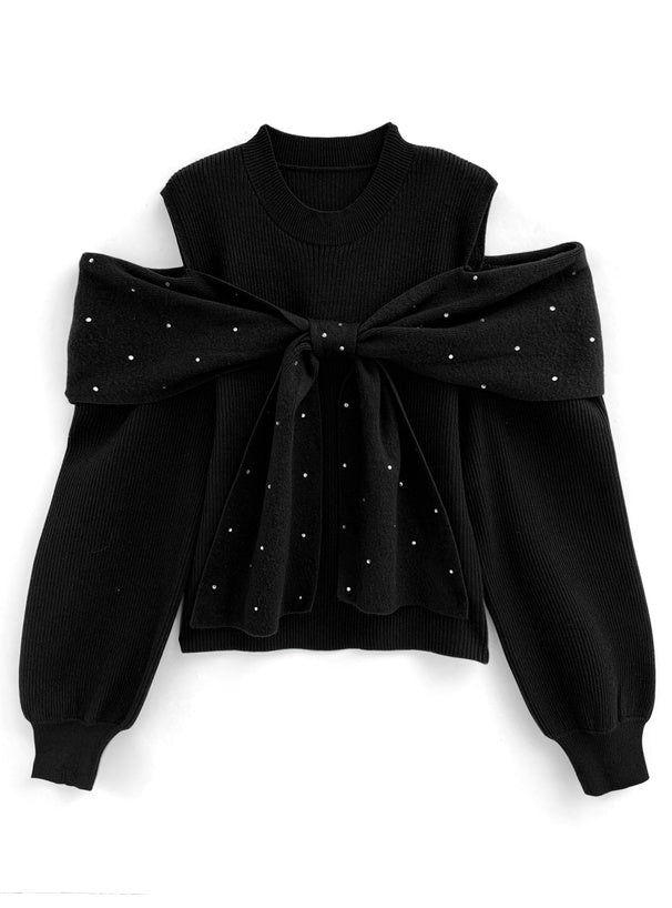 小珍珠蝴蝶結露肩上衣