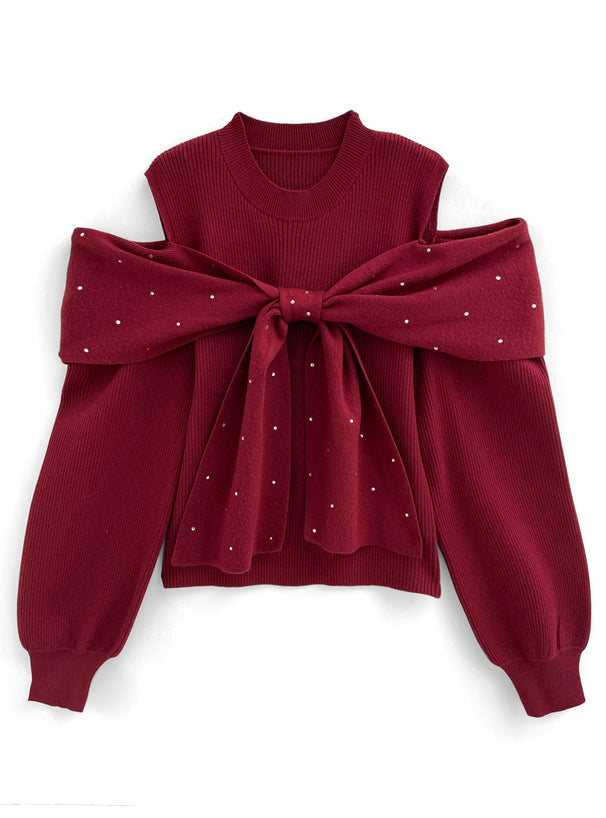 小珍珠蝴蝶結露肩上衣