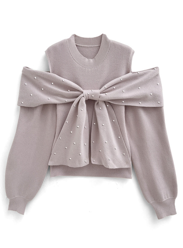 小珍珠蝴蝶結露肩上衣