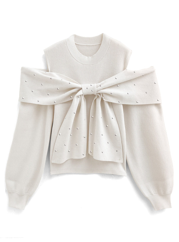 小珍珠蝴蝶結露肩上衣