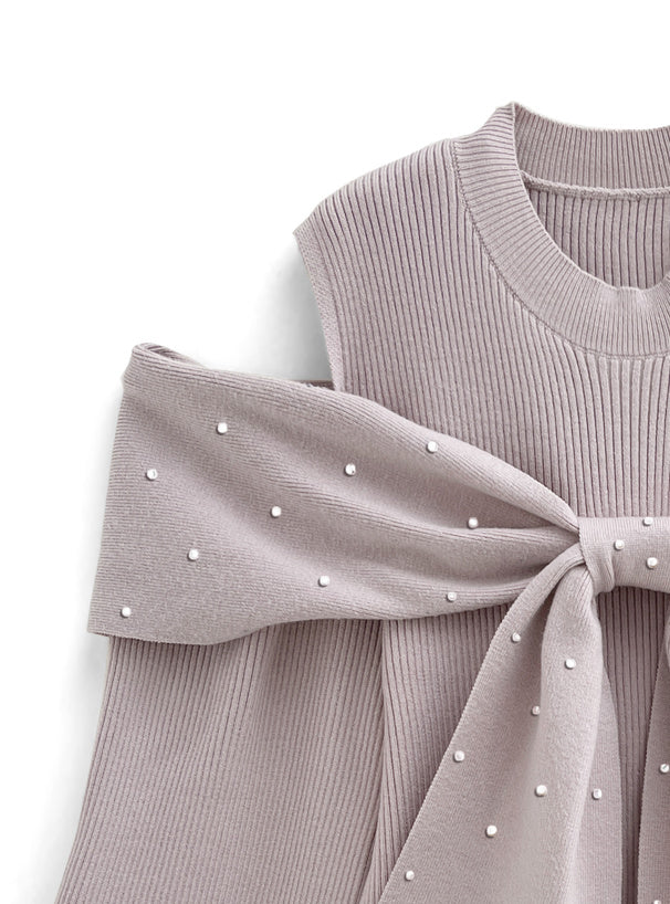 小珍珠蝴蝶結露肩上衣