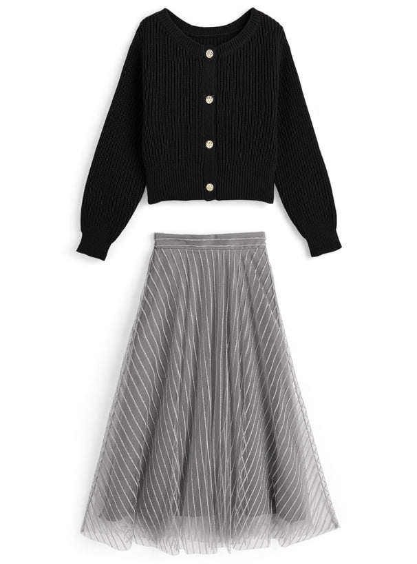 針織外套x亮片薄紗裙