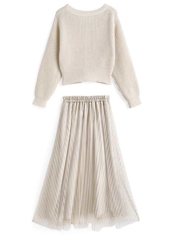 針織外套x亮片薄紗裙