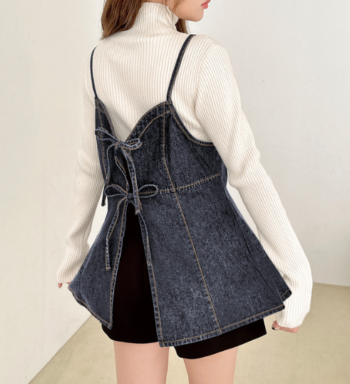 短版牛仔絲帶吊帶連身裙