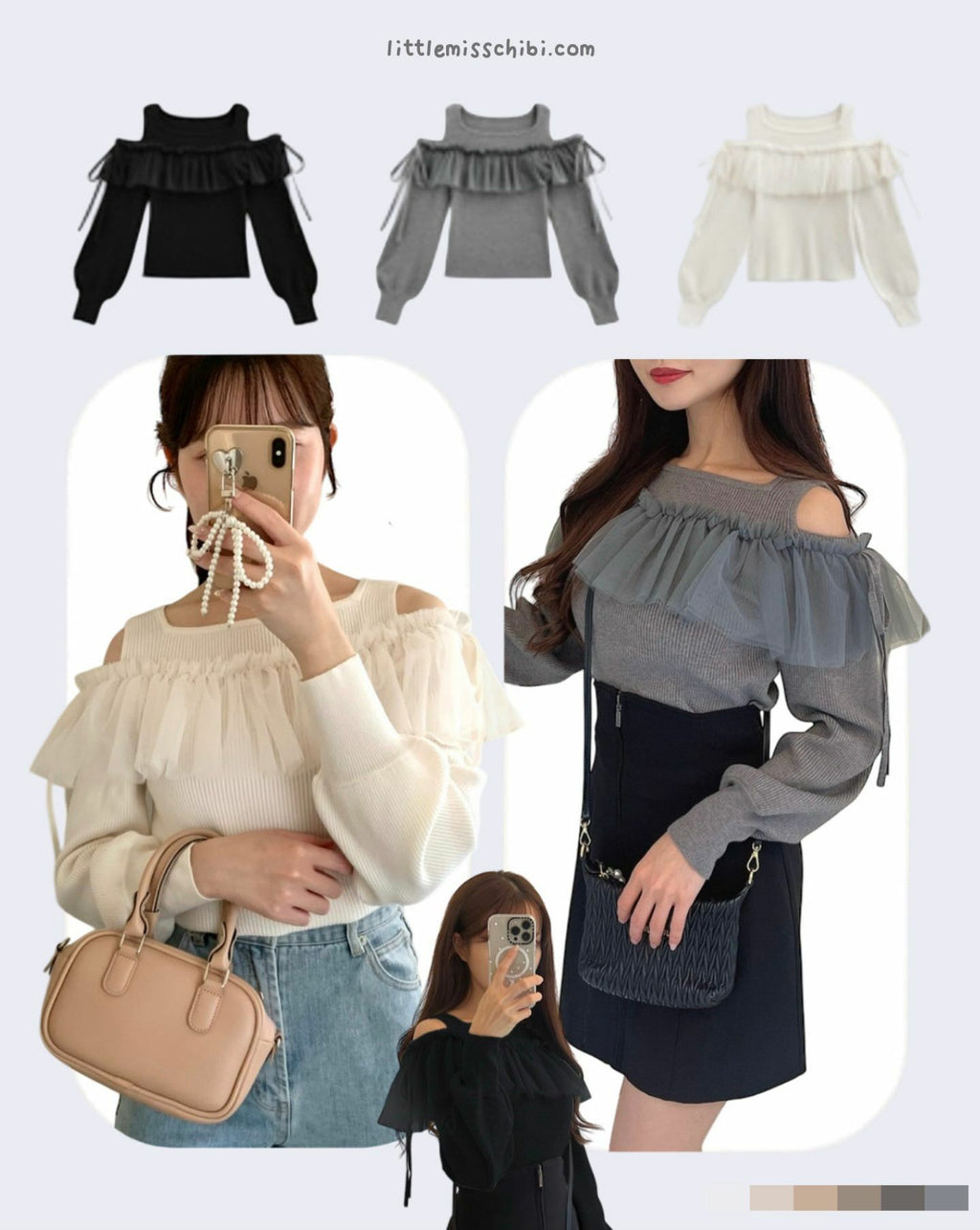 露肩薄紗圍邊針織上衣