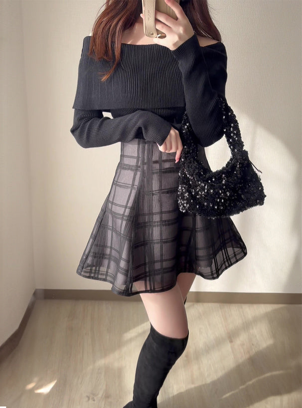 兩色入｜透視襯裡格紋喇叭裙