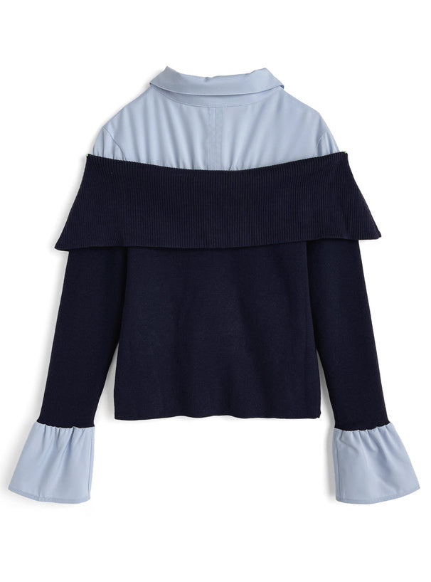 襯衫拚接露肩針織上衣