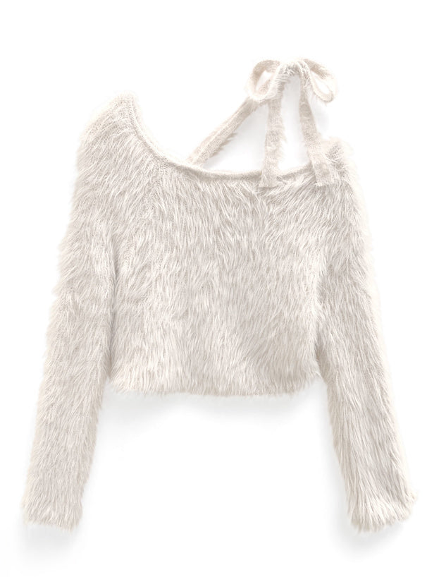 一字肩羽毛針織絲帶上衣