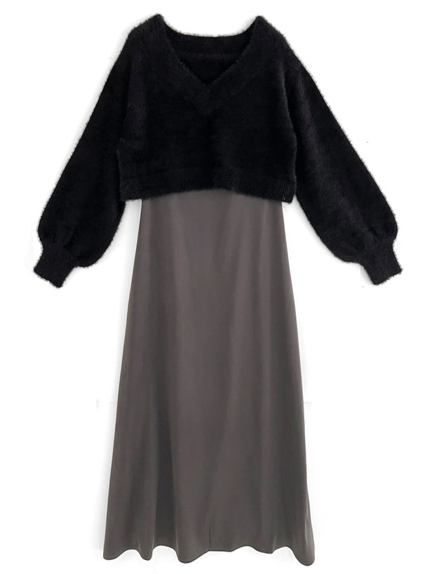 毛茸茸針織上衣 x 吊帶連身裙