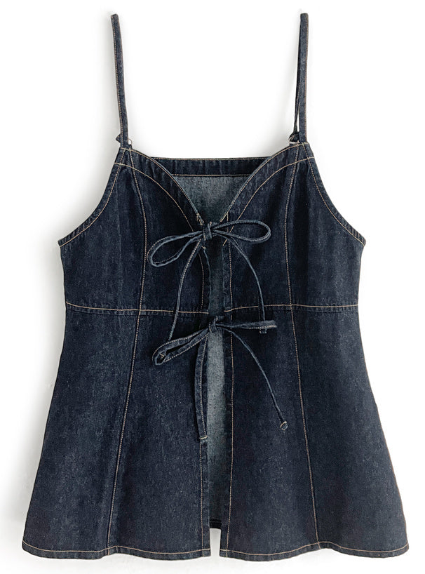 短版牛仔絲帶吊帶連身裙