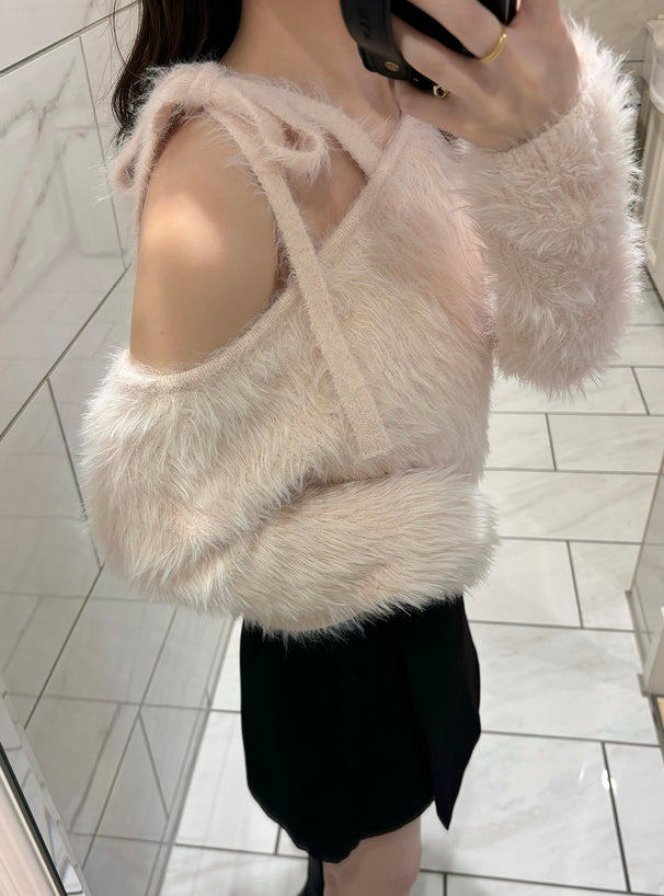 一字肩羽毛針織絲帶上衣