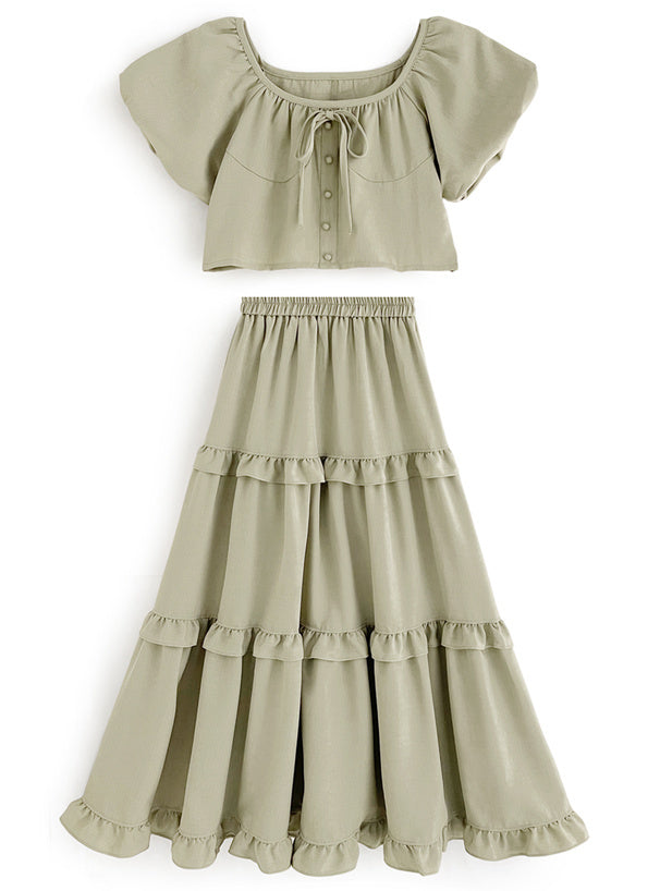 兩色入 | 緞帶短上衣 x 分層荷葉裙套裝