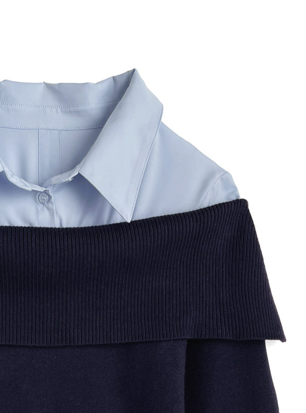 襯衫拚接露肩針織上衣