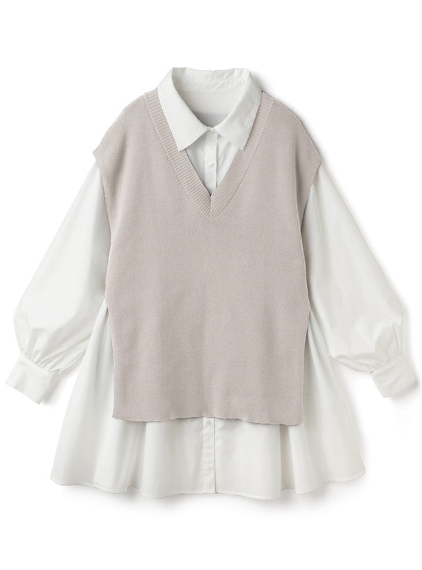 針織背心x襯衫洋裝套裝