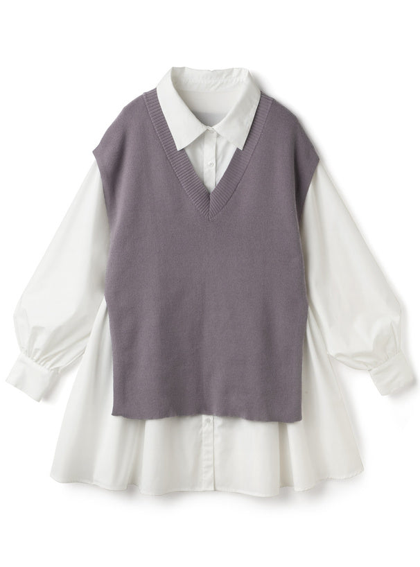 針織背心x襯衫洋裝套裝