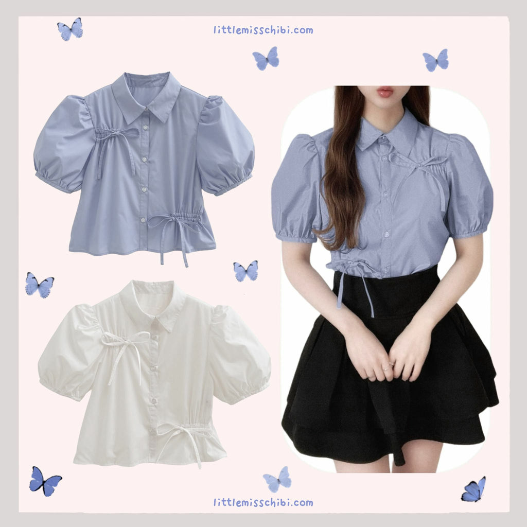 泡泡袖絲帶襯衫