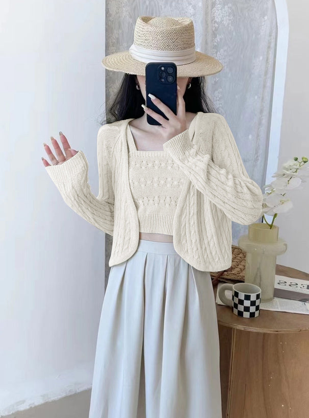 三色入｜吊帶背心 x 鏤空紋針織衫