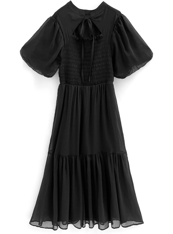 燈籠袖前開襟連身裙