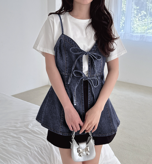 短版牛仔絲帶吊帶連身裙