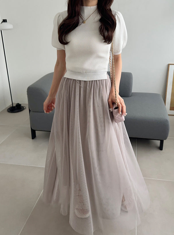 短袖假兩件薄紗裙