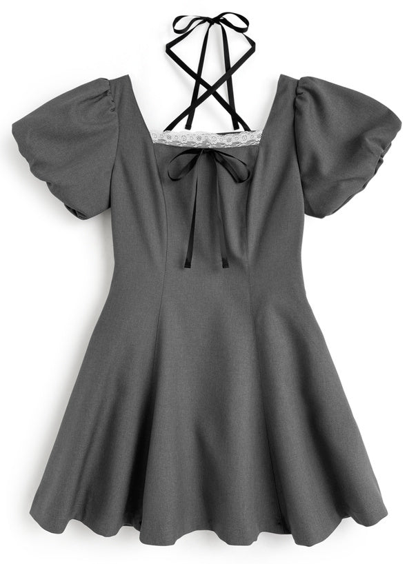 綁帶燈籠袖連身裙