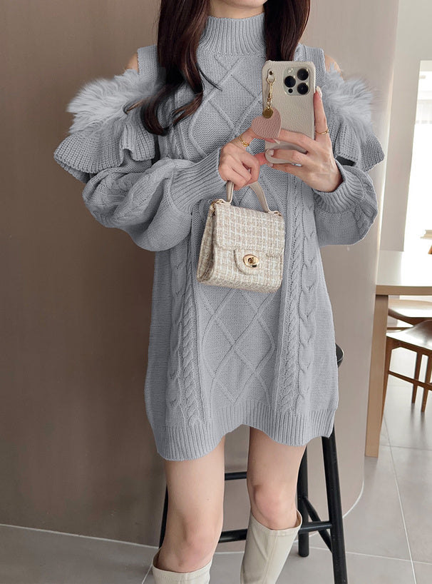 四色入｜露肩羽毛針織連身裙