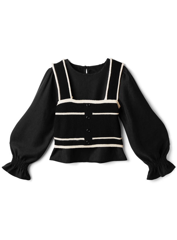 配色針織背心x束袖top