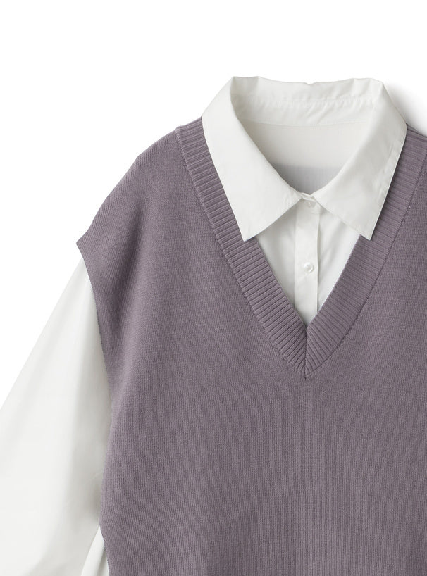 針織背心x襯衫洋裝套裝