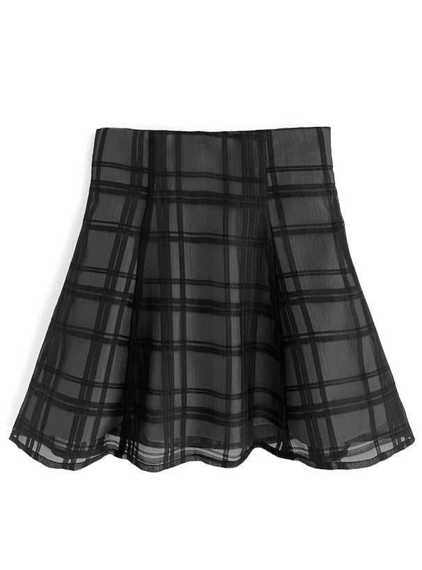 兩色入｜透視襯裡格紋喇叭裙