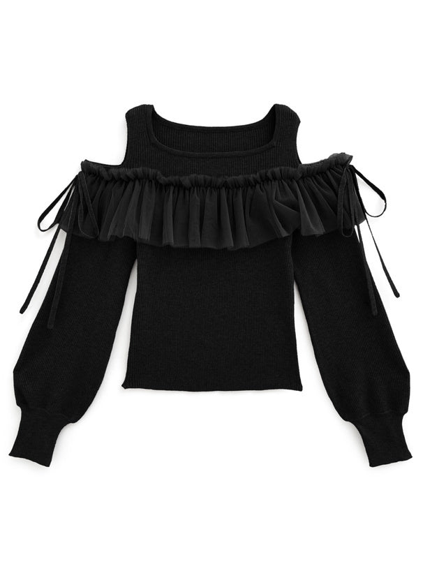 露肩薄紗圍邊針織上衣