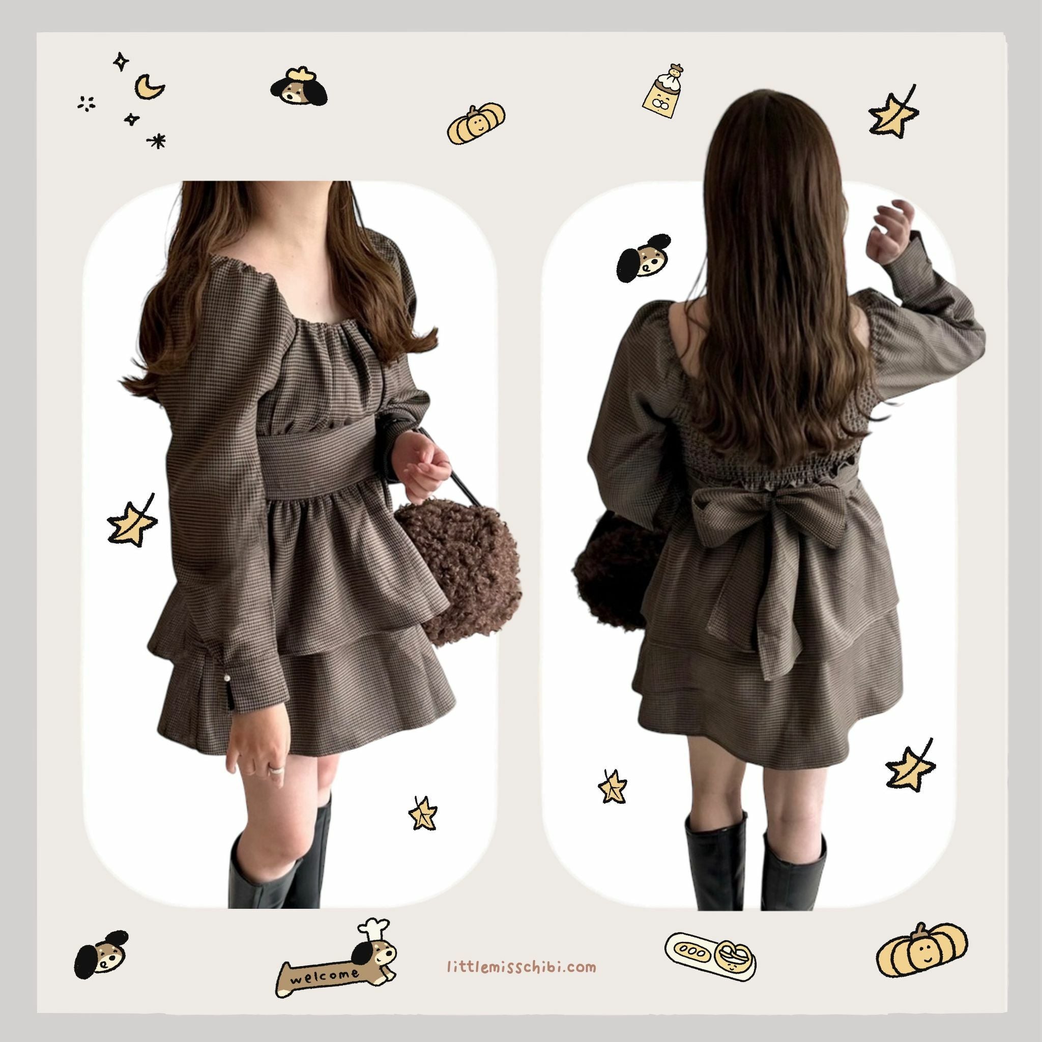 背絲帶千鳥格連身裙