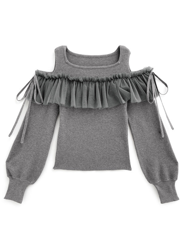 露肩薄紗圍邊針織上衣