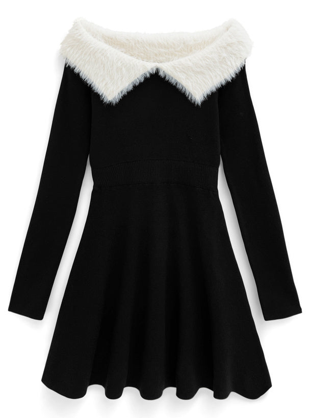 羽毛領露肩針織連身裙