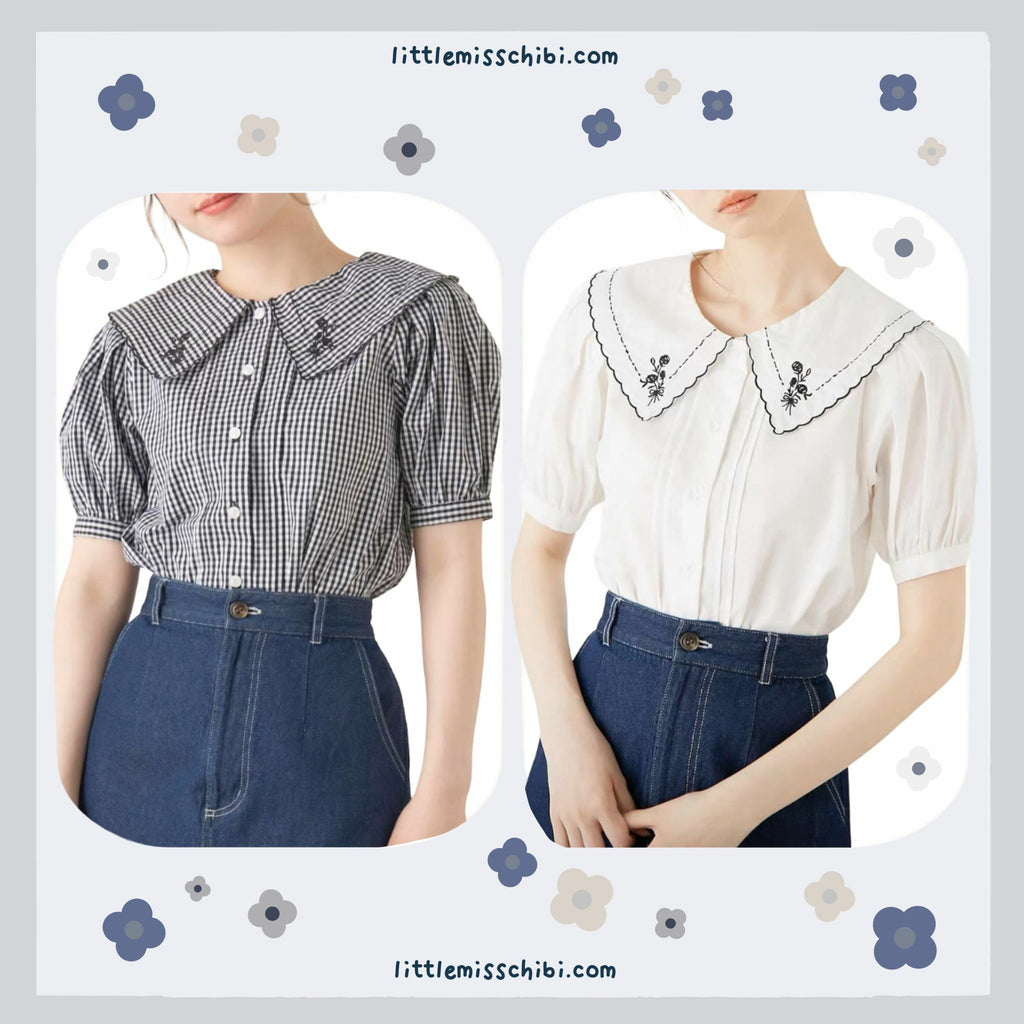 花邊領口泡泡袖上衣