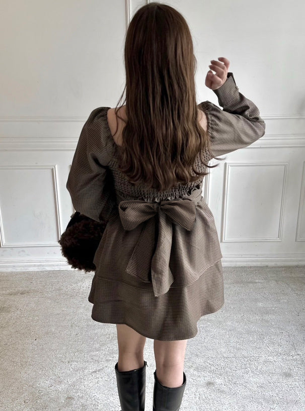 背絲帶千鳥格連身裙