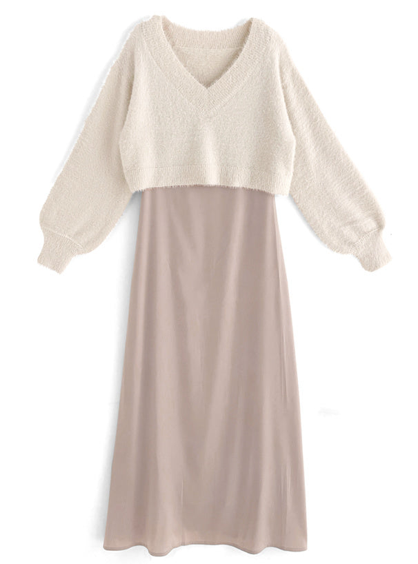 毛茸茸針織上衣 x 吊帶連身裙