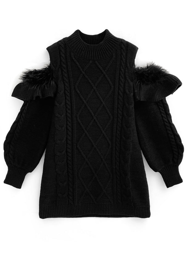 四色入｜露肩羽毛針織連身裙