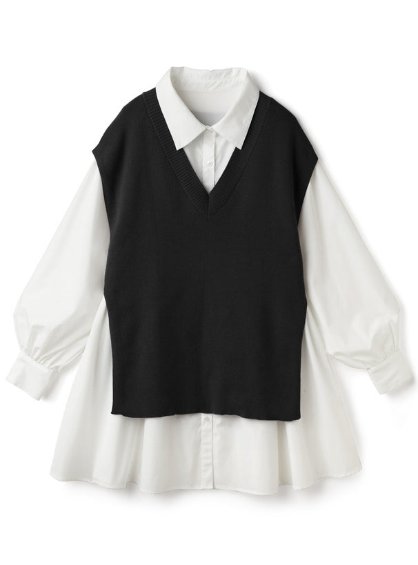 針織背心x襯衫洋裝套裝