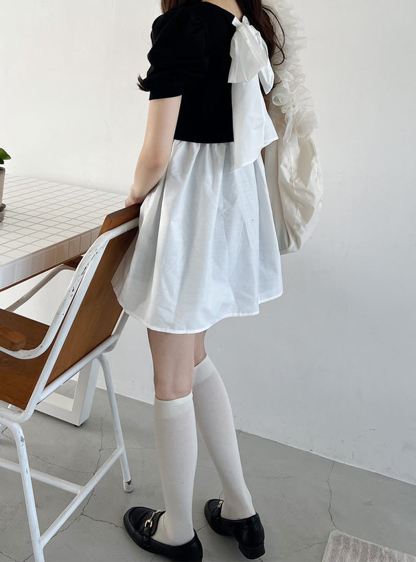 拼色絲帶假兩件連身裙