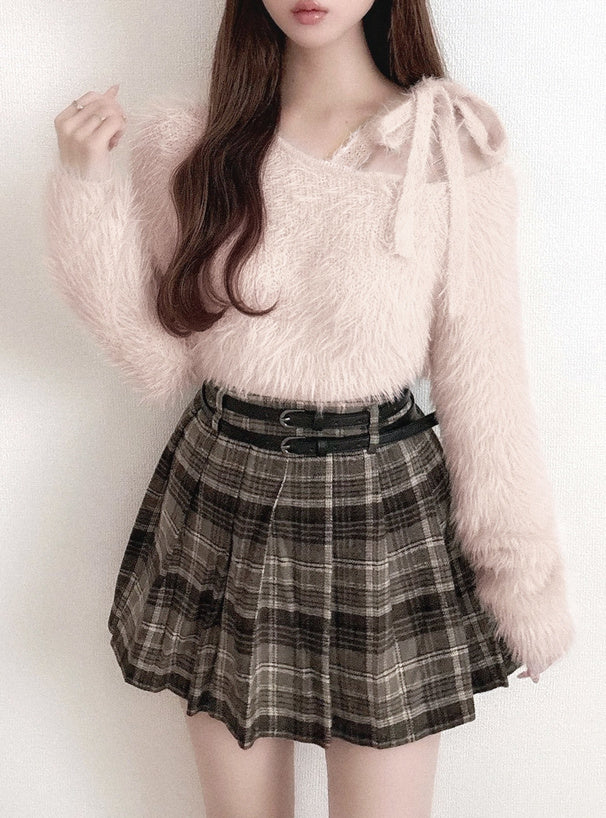 一字肩羽毛針織絲帶上衣