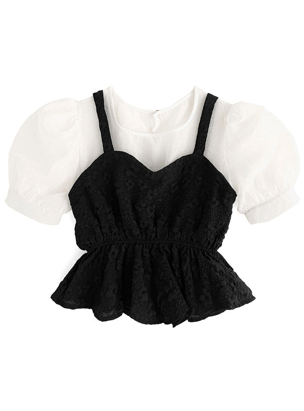 假兩件壓花外搭透明上衣