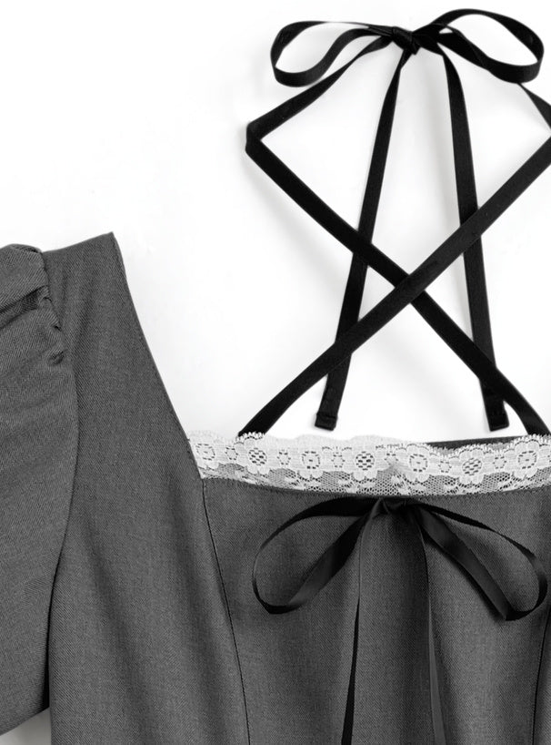 綁帶燈籠袖連身裙