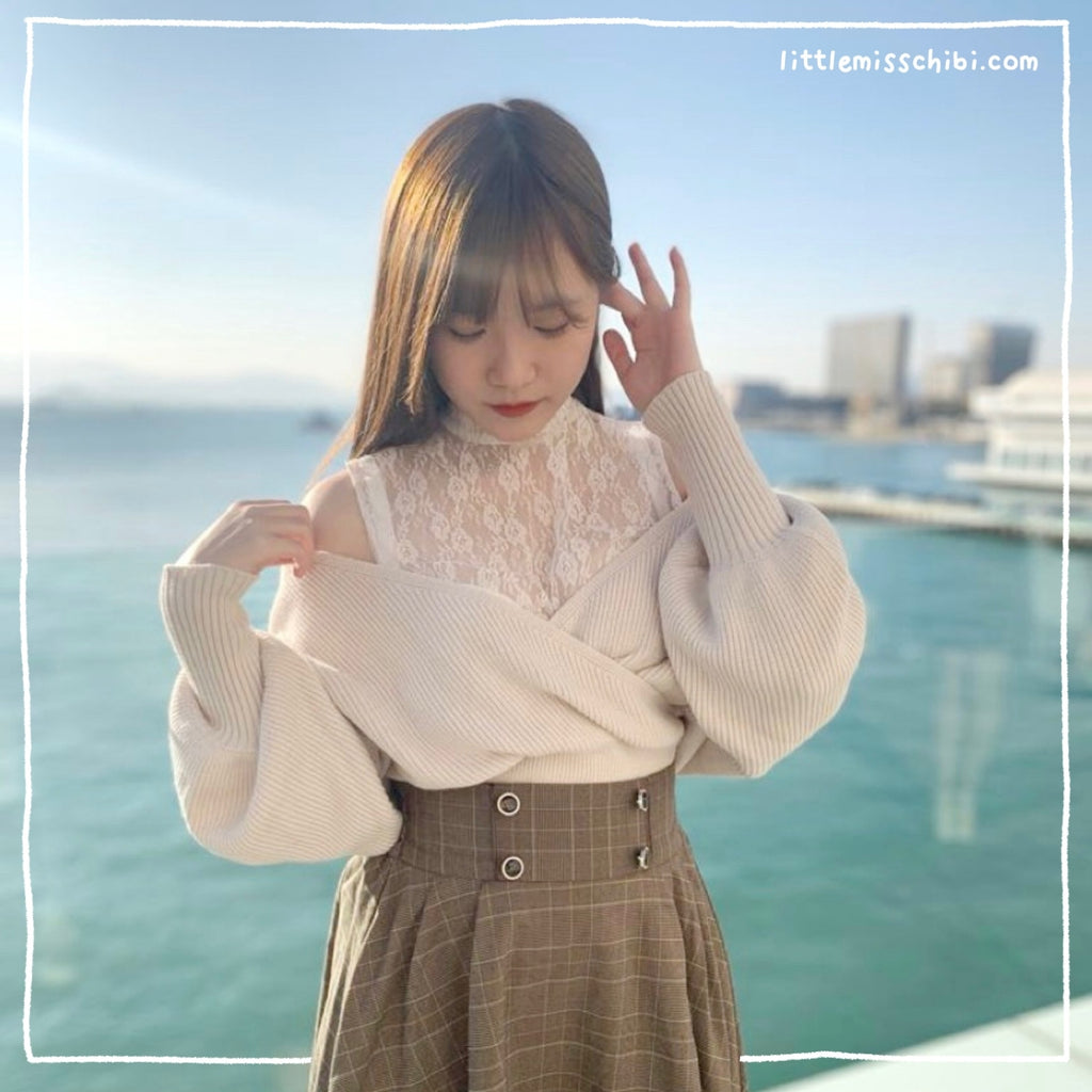 2way蕾絲接合針織上衣