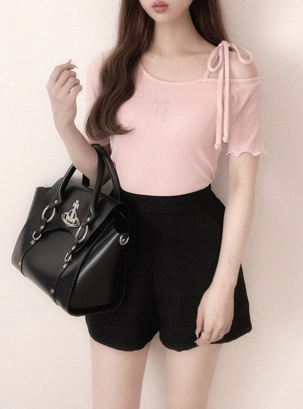 三色入|雙蝴蝶結一字肩上衣