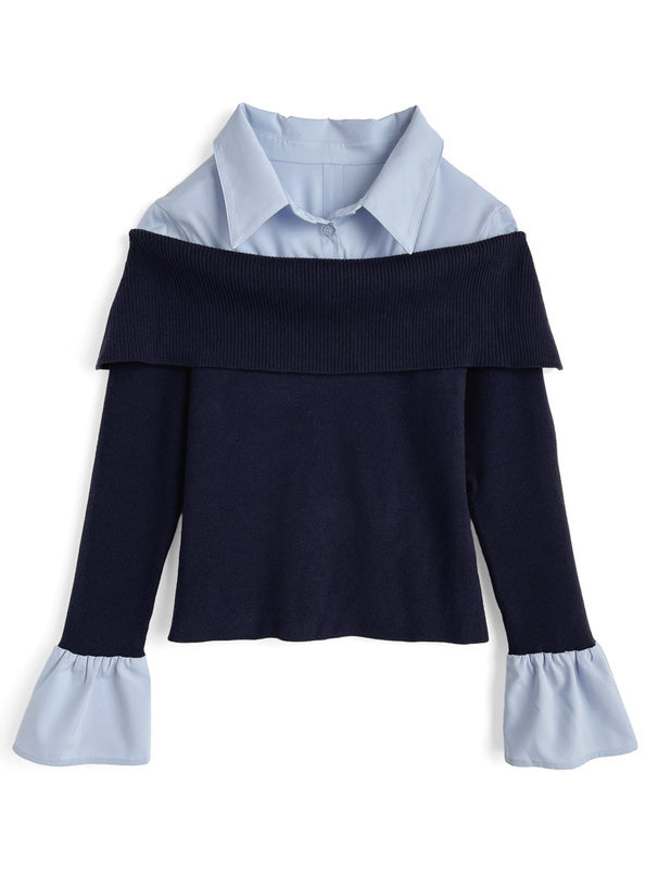 襯衫拚接露肩針織上衣