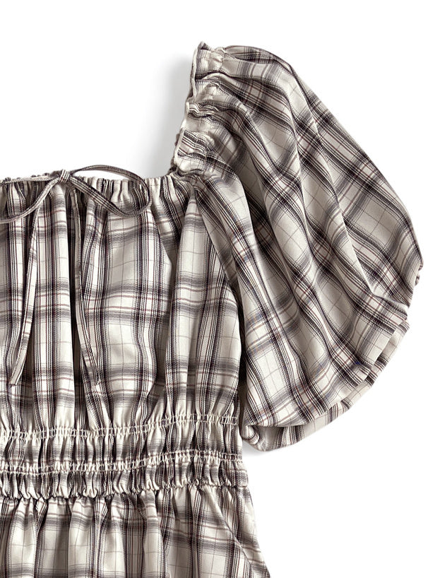 格紋燈籠袖連身裙