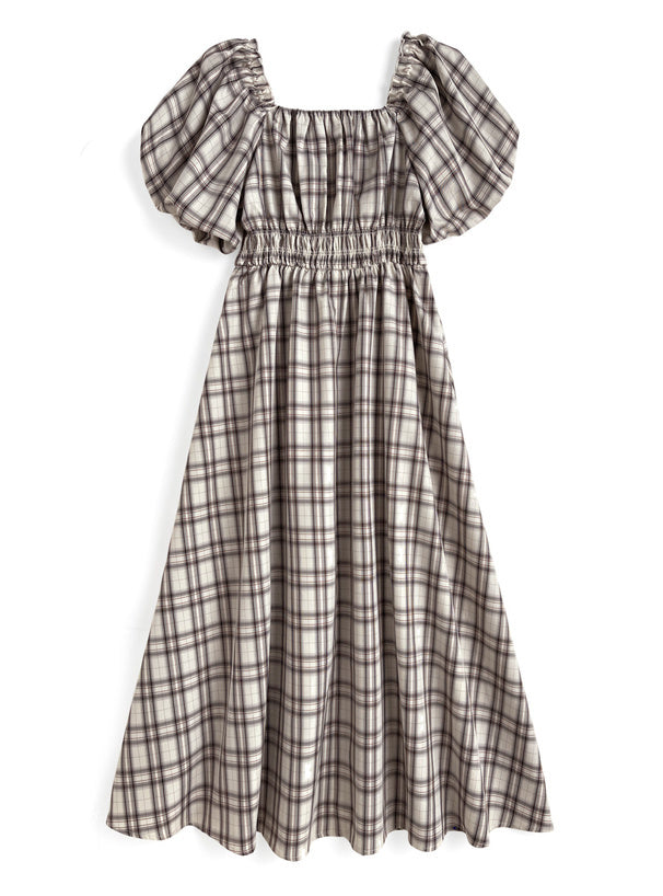格紋燈籠袖連身裙